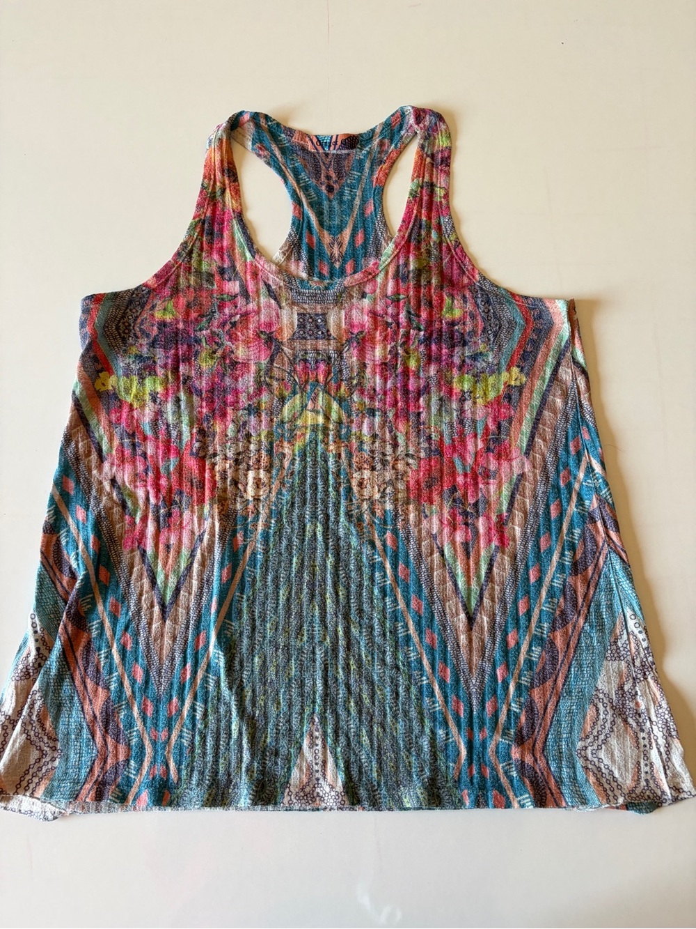 Ginger G Women large Aztec ribbed Abstract Racerback Tank Top Boho blue pink